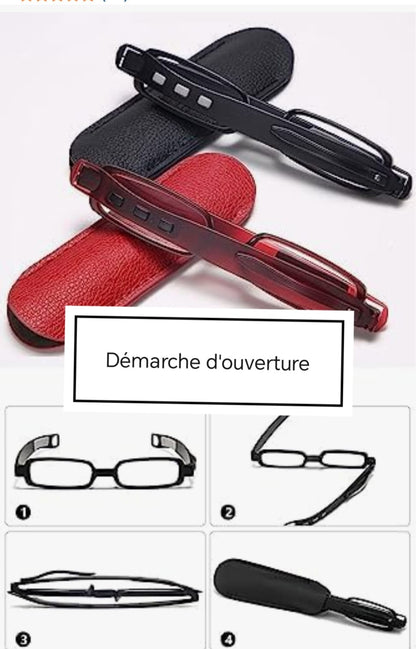Lunettes de lecture compactes pliables pour homme et femme - Rotation à 360 ° - Aide à la lecture - Légères - TR90 - Petites lunettes étroites pliantes avec étui en cuir