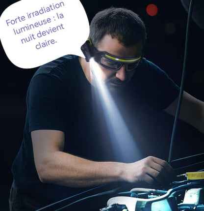 Lampe frontale intégrée à lunettes, LED COB 1000LM, étanche, USB, avec capteur de mouvement, idéale pour la pêche nocturne et le cyclisme.