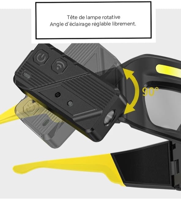 Lampe frontale intégrée à lunettes, LED COB 1000LM, étanche, USB, avec capteur de mouvement, idéale pour la pêche nocturne et le cyclisme.
