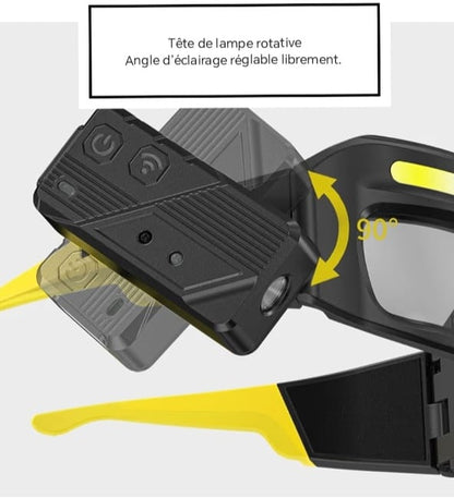 Lampe frontale intégrée à lunettes, LED COB 1000LM, étanche, USB, avec capteur de mouvement, idéale pour la pêche nocturne et le cyclisme.